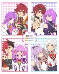 Rule 34 | 4boys, 4girls, aether sage (elsword), aisha landar, anger vein, antenna hair, armor, black gloves, black hair, blush, cake, cake slice, chaou61, closed eyes, collarbone, commentary, dated, double finger heart, dress, elsword, elsword (character), english commentary, english text, finger heart, food, gauntlets, genesis (elsword), gloves, happy birthday, highres, holding, holding spoon, immortal (elsword), jacket, knight emperor (elsword), long hair, looking at viewer, lord azoth (elsword), metamorphy (elsword), multicolored hair, multiple boys, multiple girls, multiple persona, oz sorcerer (elsword), pouch, purple eyes, purple hair, red eyes, red hair, rune master (elsword), short hair, smile, spoon, stuffed animal, stuffed toy, teddy bear, tongue, tongue out, tsundere, two-tone hair, white dress, white gloves, white hair, white jacket