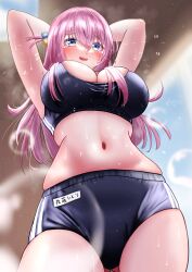 Rule 34 | 1girl, absurdres, arms behind head, arms up, blue eyes, blurry, blurry background, blush, bocchi the rock!, breasts, buruma, check commentary, cleavage, commentary request, dripping, exercising, flying sweatdrops, from below, gotoh hitori, hair ornament, hair over breasts, highres, large breasts, looking down, momurya, navel, nervous sweating, parted lips, pink hair, sports bra, squatting, stomach, sweat, thighs, very sweaty