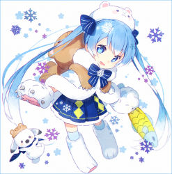 Rule 34 | 1girl, animal bag, animal hands, animal hat, blue eyes, blue hair, chibi, fish, full body, gloves, hakusai (tiahszld), hat, hatsune miku, leaning forward, long hair, open mouth, paw gloves, paw shoes, rabbit, shoes, simple background, skirt, snowflakes, twintails, very long hair, vocaloid, white background, yuki miku, yuki miku (2018) (applicant), yukine (vocaloid)