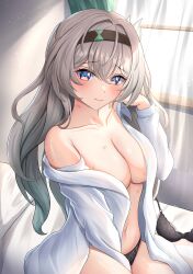 Rule 34 | 1girl, absurdres, black bra, black hairband, black panties, blue eyes, blush, bra, breasts, collared shirt, commentary request, curtains, firefly (honkai: star rail), hair between eyes, hair intakes, hair ornament, hairband, hand on own cheek, hand on own face, hickey, highres, honkai: star rail, honkai (series), knees out of frame, large breasts, lingerie, looking at viewer, navel, on bed, open clothes, open shirt, panties, pink eyes, shirt, shouhaku0512, sidelocks, sitting, smile, solo, stomach, sunlight, thighs, underwear, unworn bra, white hair, white shirt, window