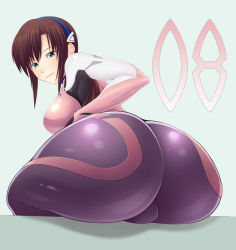 Rule 34 | 10s, 1girl, artist request, ass, bodysuit, breasts, brown hair, come hither, evangelion: 3.0 you can (not) redo, from behind, green eyes, hair ornament, hairband, hairclip, huge ass, large breasts, light smile, long hair, looking back, low twintails, makinami mari illustrious, neon genesis evangelion, parted lips, plugsuit, rebuild of evangelion, sitting, smile, solo, twintails, wide hips