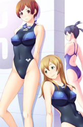 Rule 34 | 3girls, against wall, arena (company), arms behind back, ass, back, black hair, blonde hair, blue hair, blush, breasts, brown eyes, brown hair, competition swimsuit, covered erect nipples, covered navel, frown, goggles, green eyes, highleg, highleg swimsuit, kuri (kurigohan), legs, long hair, medium breasts, multiple girls, one-piece swimsuit, purple eyes, reclining, shadow, shiny clothes, short hair, short twintails, sitting, skin tight, smile, swimsuit, twintails