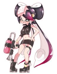 Rule 34 | + +, 1girl, ;d, ankle boots, anklet, asymmetrical sleeves, black footwear, black hair, black jacket, boots, bracelet, brown eyes, callie (splatoon), commentary, cosplay, crop top, earrings, fang, food, food on head, full body, gradient hair, hair ornament, hand on own hip, highres, holding, holding weapon, inkling, jacket, jewelry, long hair, looking at viewer, microskirt, midriff, multicolored hair, navel, nintendo, object on head, octoshot (splatoon), one eye closed, open mouth, purple hair, simple background, skindentation, skirt, smile, solo, splatoon (series), splatoon 2, splatoon 2: octo expansion, standing, sukeo (nunswa08), sushi, tentacle hair, thigh strap, uneven sleeves, very long hair, weapon, white background, zipper, zipper pull tab