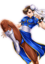 Rule 34 | 1girl, absurdres, artist request, boots, bracelet, breasts, brown eyes, brown hair, bun cover, capcom, china dress, chinese clothes, chun-li, commentary request, double bun, dress, earrings, hair bun, highres, jewelry, kicking, knee boots, leg up, makeup, medium breasts, open mouth, pantyhose, pelvic curtain, puffy short sleeves, puffy sleeves, shiny clothes, short sleeves, simple background, solo, spiked bracelet, spikes, street fighter, street fighter v, white background, white footwear