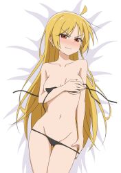 Rule 34 | 1girl, absurdres, ahoge, bed sheet, black bra, black panties, blonde hair, blush, bocchi the rock!, bra, breasts, closed mouth, covering breasts, covering privates, cowboy shot, dot nose, embarrassed, hands on own breasts, highres, ijichi seika, long hair, looking at viewer, lying, medium breasts, nose blush, on back, panties, red eyes, solo, thundradrawings, underwear, underwear only, v-shaped eyebrows, very long hair, wavy mouth