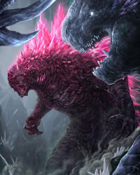 Rule 34 | blue eyes, claws, crossover, crystal, giant, giant monster, gills, glowing, glowing eyes, glowing gills, glowing mouth, glowing spikes, godzilla, godzilla (series), godzilla evolved, godzilla x kong: the new empire, highres, ice, jinsu kang, kaijuu, king kong (series), legendary pictures, monster, monsterverse, open mouth, pink eyes, sharp teeth, shimo (monsterverse), spiked tail, spikes, tail, teeth, toho, tongue