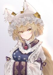 Rule 34 | 1girl, animal ears, blonde hair, blush, closed mouth, dress, fox ears, fox tail, gradient background, hands in opposite sleeves, hat, highres, looking at viewer, mob cap, multiple tails, sarasadou dan, short hair, sleeves past fingers, sleeves past wrists, solo, tabard, tail, touhou, white dress, white hat, wide sleeves, yakumo ran, yellow eyes