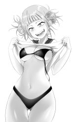 Rule 34 | 1girl, absurdres, bad anatomy, bikini, blunt bangs, blush, boku no hero academia, breasts, clothes lift, double bun, gluteal fold, hair bun, happyboynumber1, highres, large breasts, lifting own clothes, monochrome, navel, no pants, open mouth, school uniform, serafuku, sharp teeth, shirt lift, smile, solo, stomach, swimsuit, teeth, thigh gap, thighs, toga himiko, white background
