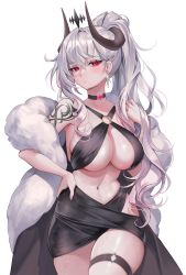 Rule 34 | 1girl, absurdres, bad id, bad pixiv id, bikini, black bikini, black choker, blush, breasts, choker, cleavage, closed mouth, commission, cowboy shot, curled horns, earrings, grey hair, hair between eyes, hand on own hip, highres, horns, jewelry, large breasts, long hair, looking at viewer, navel, o-ring, o-ring bikini, o-ring top, original, ponytail, red eyes, shoulder tattoo, sling bikini top, solo, standing, sweat, swimsuit, tattoo, thigh strap, very long hair, whois