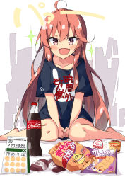 Rule 34 | 1girl, :d, ahoge, bag of chips, barefoot, beritabo, between legs, black shirt, blush, brown eyes, clothes writing, coca-cola, commentary request, fang, hair between eyes, hand between legs, highres, kantai collection, long hair, open mouth, red hair, shirt, short sleeves, sitting, smile, soda bottle, solo, sparkle, sparkling eyes, translation request, uzuki (kancolle), very long hair, wariza