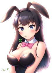Rule 34 | 1girl, animal ears, bare shoulders, black hair, black hairband, black leotard, blue eyes, blush, bow, bowtie, braid, breasts, cleavage, clover, collar, commentary request, detached collar, fake animal ears, four-leaf clover, hairband, large breasts, leotard, long hair, mouth hold, nijisanji, oyaji-sou, pink bow, pink bowtie, playboy bunny, rabbit ears, signature, simple background, solo, tsukino mito, very long hair, virtual youtuber, white background, white collar, wing collar