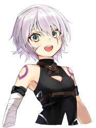 Rule 34 | 1girl, :d, absurdres, bandaged arm, bandages, breasts, cleavage, cleavage cutout, clothing cutout, cropped arms, cropped torso, facial scar, fate/apocrypha, fate (series), green eyes, hieung, highres, jack the ripper (fate/apocrypha), looking at viewer, open mouth, scar, scar across eye, scar on cheek, scar on face, short hair, silver hair, small breasts, smile, solo, upper body