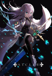Rule 34 | 1girl, absurdres, armored boots, bad id, bad pixiv id, black background, black shirt, black thighhighs, blue eyes, boots, coat, dress shirt, fleur-de-lis, floating hair, grey skirt, hair between eyes, highres, holding, holding sword, holding weapon, leg up, long hair, long sleeves, miniskirt, neon (hhs9444), open clothes, open coat, open mouth, original, pleated skirt, shirt, silver hair, skirt, solo, sword, thighhighs, weapon, white coat, zettai ryouiki