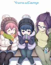 Rule 34 | 3girls, black-framed eyewear, black headwear, black legwear, blue coat, blue eyes, blue hair, blue mittens, blue pants, blue shirt, blue shorts, bobblehat, boots, brown footwear, brown headwear, brown shirt, can, cellphone, closed eyes, coat, collar, commentary, cup, denim, denim shorts, drink can, drinking, fingerless gloves, fur-trimmed boots, fur-trimmed coat, fur trim, girl sandwich, glasses, gloves, green coat, green pants, green scarf, green shirt, hair tie, half-closed eyes, highres, holding, holding can, holding cup, holding phone, hood, hood down, hooded coat, jeans, kagamihara nadeshiko, kagamihara sakura, kasai shin, light smile, long hair, looking at another, mittens, mug, multicolored clothes, multicolored scarf, multiple girls, on bench, open mouth, orange scarf, pants, pantyhose, pantyhose under shorts, phone, pink hair, purple eyes, purple hair, ribbed shirt, sandwiched, scarf, shima rin, shirt, shorts, simple background, sitting, smartphone, smile, soda can, sweatdrop, turtleneck, white background, white collar, winter clothes, yurucamp
