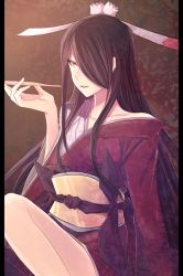 Rule 34 | 10s, 1girl, :d, aoki hagane no arpeggio, aoki shizumi, bad id, bad pixiv id, bare legs, bare shoulders, black hair, fingernails, flower, from side, hair flower, hair ornament, hair over one eye, hair ribbon, holding, japanese clothes, kimono, kiseru, knee up, lipstick, long fingernails, long hair, long sleeves, looking to the side, makeup, mole, mole under mouth, nagato (aoki hagane no arpeggio), obi, off shoulder, open mouth, parted bangs, pillarboxed, red lips, ribbon, sash, sidelocks, sitting, smile, smoking pipe, solo, swept bangs, very long hair, wide sleeves, yellow eyes, yuujo