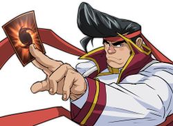 Rule 34 | 1boy, between fingers, black hair, blush, card, foreshortening, frown, hachimaki, hair strand, headband, highres, hitenmaru, holding, holding card, looking at viewer, male focus, noboru gongenzaka, pompadour, red nose, short hair, sideburns, smile, solo, thick eyebrows, upper body, white background, yu-gi-oh!, yu-gi-oh! arc-v