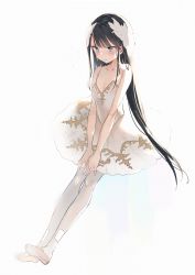 Rule 34 | 1girl, backlighting, bad id, bad pixiv id, bare arms, bare shoulders, black hair, blue eyes, blush, breasts, collarbone, dress, full body, hair ornament, highres, long hair, looking down, original, pantyhose, parted lips, sabet (young ouo), shoes, sidelocks, sleeveless, sleeveless dress, small breasts, solo, spaghetti strap, tears, very long hair, white background, white dress, white footwear, white pantyhose