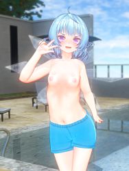 Rule 34 | 1girl, 3d, ahoge, artist request, blue hair, blue male swimwear, blue sky, blue swim trunks, blush, breasts, character request, cirno, crossdressing, day, fairy, fairy wings, female focus, looking at viewer, male swimwear, male swimwear challenge, nipples, outdoors, purple eyes, sky, small breasts, solo, source request, standing, swim trunks, swimsuit, tagme, topless, touhou, v, wings