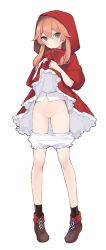 Rule 34 | 1girl, absurdres, ankle boots, bloomers, bloomers pull, boots, brown hair, cleft of venus, clothes lift, curly hair, dress, dress lift, frilled dress, frills, full body, garan co, green eyes, highres, hood, hood up, hooded dress, lifted by self, little red riding hood, little red riding hood (grimm), pussy, red dress, shirt, underwear, white shirt