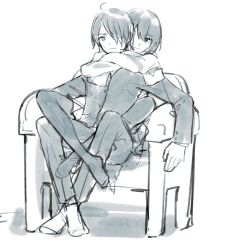 Rule 34 | 1boy, 1girl, ahoge, aqua theme, araragi koyomi, arms around neck, black pantyhose, blue theme, bob cut, chair, commentary, crossed ankles, crossed arms, front to back, furrowed brow, hair between eyes, hair over one eye, hug, jacket, leg lock, leg wrap, light frown, light smile, looking at another, looking back, monochrome, monogatari (series), on chair, oshino ougi, pants, pantyhose, pleated skirt, retto, school uniform, shadow, short hair, simple background, sitting, sketch, skirt, sleeves past fingers, sleeves past wrists, socks, sweatdrop, white background