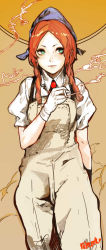 Rule 34 | 1girl, cigarette, closed mouth, collared shirt, freckles, gloves, green eyes, head scarf, highres, hiranko, holding, holding cigarette, long hair, orange background, orange hair, original, overalls, parted bangs, shirt, short sleeves, signature, smoking, solo, standing, white gloves, white shirt, wing collar