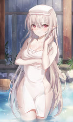 Rule 34 | 1girl, blush, breasts, bucket, cleavage, closed mouth, collarbone, covering privates, cowboy shot, elf, emyo, long hair, looking at viewer, medium breasts, nude, nude cover, onsen, original, outdoors, pink eyes, pointy ears, silver hair, towel, towel on head, very long hair, wading, water, wooden bucket