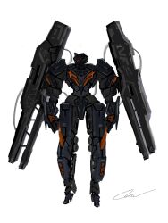 Rule 34 | arm cannon, cable, commentary, english commentary, full body, highres, looking to the side, mecha, mkvurossu, no humans, orange eyes, original, robot, science fiction, solo, weapon, white background