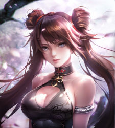 Rule 34 | 1girl, absurdres, arm strap, bare shoulders, black eyes, blurry, blurry background, breasts, brown hair, choker, cleavage, collarbone, day, dungeon and fighter, fighter (dungeon and fighter), flute (artist), hair ornament, halterneck, highres, large breasts, lips, long hair, looking at viewer, nen master (dungeon and fighter), outdoors, parted lips, petals, solo, tree, twintails, upper body, wind