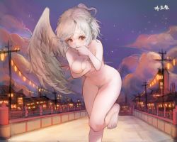 Rule 34 | 1girl, blush, braid, breasts, covering breasts, covering nipples, covering own mouth, covering privates, embarrassed, exhibitionism, female pubic hair, french braid, heoningu, highres, hip focus, kishin sagume, looking at viewer, medium breasts, messy hair, navel, night, night sky, nude, outdoors, pubic hair, public indecency, red eyes, short hair, single wing, sky, solo, tears, thigh gap, touhou, town, twilight, white hair, wings