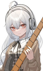 Rule 34 | 1girl, ahoge, albino, black ribbon, brown cardigan, cardigan, closed mouth, commentary request, electric guitar, guitar, headphones, highres, holding, holding instrument, instrument, kei8987, long hair, long sleeves, looking at viewer, makeup, mascara, neck ribbon, open cardigan, open clothes, original, plaid, red eyes, ribbon, simple background, smile, solo, unbuttoned, white background, white hair