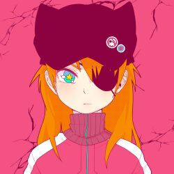 Rule 34 | 1girl, animal hat, badge, black hat, blue eyes, button badge, cat hat, closed mouth, crack, cracked wall, evangelion: 3.0 you can (not) redo, eyepatch, hat, highres, jacket, long hair, neon genesis evangelion, orange hair, pink background, rebuild of evangelion, red jacket, simple background, solo, souryuu asuka langley, star-shaped pupils, star (symbol), straight-on, symbol-shaped pupils, upper body, yassy (yasikoz2008), yellow pupils