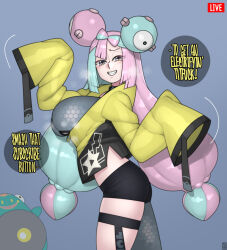 Rule 34 | 1girl, ass, black shorts, blue background, blush, breasts, closed mouth, cowboy shot, creatures (company), ekz (robotekz), english text, game freak, green hair, grin, hair ornament, iono (pokemon), jacket, large breasts, long hair, long sleeves, looking at viewer, multicolored hair, nintendo, pink eyes, pink hair, pokemon, pokemon sv, sharp teeth, shorts, simple background, sleeves past wrists, smile, solo, speech bubble, standing, teeth, text focus, thigh strap, twintails, two-tone hair, yellow jacket