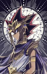 Rule 34 | 1boy, ankh, atem, black hair, blonde hair, blue cape, cape, dark-skinned male, dark skin, earrings, egyptian clothes, from side, highres, jewelry, male focus, millennium puzzle, multicolored hair, red eyes, red hair, shiroi 1108, solo, twitter username, two-tone hair, upper body, yu-gi-oh!, yu-gi-oh! duel monsters