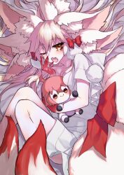 Rule 34 | 1girl, animal ear fluff, animal ears, bare legs, bow, breast press, commentary, extra ears, fate/grand order, fate (series), fetal position, fox ears, fox girl, fox tail, fujimaru ritsuka (female), hair between eyes, hair bow, kitsune, koyanskaya (fate), koyanskaya (lostbelt beast:iv) (fate), long hair, looking at viewer, lying, messy hair, multiple animal ears, multiple tails, on side, one eye closed, pajamas, pink hair, red bow, red hands, rkp, signature, single bare shoulder, stuffed toy, tail, tail bow, tail ornament, tamamo (fate), tears, very long hair, white pajamas, yawning, yellow eyes