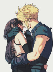 1boy 1girl absurdres arm_around_neck armor bare_shoulders black_gloves black_hair black_skirt blonde_hair blue_sweater brown_hair closed_eyes closed_mouth cloud_strife commentary couple crop_top earrings elbow_gloves english_commentary facing_another final_fantasy final_fantasy_vii final_fantasy_vii_rebirth final_fantasy_vii_remake fingerless_gloves from_side gloves grey_background hand_on_another&#039;s_hip height_difference highres hug imminent_kiss jewelry long_hair nosleeparewe ribbed_sweater short_hair shoulder_armor skirt sleeveless sleeveless_turtleneck spiked_hair stud_earrings sweater tank_top tifa_lockhart turtleneck turtleneck_sweater upper_body white_tank_top