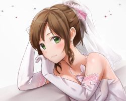 Rule 34 | 10s, 1girl, bad id, bad twitter id, bare shoulders, blush, bow, bridal veil, brown hair, commentary request, dress, earrings, elbow gloves, flower, gloves, green eyes, hair flower, hair ornament, hand in own hair, hand on own face, head rest, idolmaster, idolmaster cinderella girls, idolmaster cinderella girls starlight stage, jewelry, looking at viewer, looking to the side, maekawa miku, necklace, short hair, simple background, sleeveless, sleeveless dress, smile, solo, sparkle, star (symbol), takeashiro, veil, wedding dress, white background, white dress, white gloves