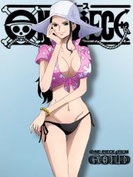 Rule 34 | 1girl, black hair, breasts, clothes around waist, film gold, gold bracelet, hat, large breasts, nico robin, one piece, one piece film: gold, panties, shirt, shirt around waist, tagme, underwear