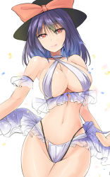 Rule 34 | 1girl, arm cuffs, bare arms, bare shoulders, bikini, black hat, bow, breasts, commentary request, cowboy shot, criss-cross halter, groin, halterneck, hat, hat bow, highres, large breasts, looking at viewer, nagae iku, navel, one-hour drawing challenge, pink bow, purple hair, red eyes, short hair, simple background, smile, solo, stomach, swimsuit, touhou, white background, white bikini, y2