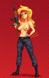 Rule 34 | 1girl, big hair, blonde hair, breasts, camouflage, camouflage pants, dragon ball, female focus, gun, headband, highres, large breasts, long hair, lunch (dragon ball), medium breasts, nipples, nortuet, pants, solo, topless, weapon