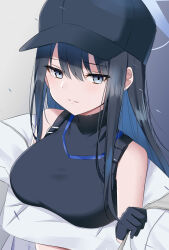 Rule 34 | 1girl, bare shoulders, baseball cap, black gloves, black hair, black hat, black shirt, blue archive, blue eyes, blue hair, breasts, colored inner hair, commentary request, gloves, hair between eyes, hat, highres, large breasts, long hair, looking at viewer, multicolored hair, saori (blue archive), shirt, sleeveless, sleeveless shirt, smile, solo, split mouth, swon (joy200892), upper body