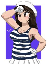 Rule 34 | 1girl, :o, arm up, black eyes, black hair, black shirt, blue background, border, breasts, casual, cleavage, commentary request, cowboy shot, dixie cup hat, girls und panzer, gloves, hand on own hip, hat, long hair, looking to the side, medium hair, military hat, miniskirt, murakami (girls und panzer), muscular, muscular female, open mouth, outside border, partial commentary, pleated skirt, puff of air, shirt, sigh, skirt, solo, standing, striped clothes, striped shirt, sweat, takahashi kurage, tank top, white border, white gloves, white hat, white skirt, wiping sweat