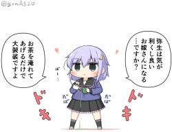 Rule 34 | 1girl, black sailor collar, black serafuku, black skirt, blue shirt, chibi, commentary request, crescent, crescent hair ornament, cup, failure, full body, goma (yoku yatta hou jane), green tea, hair ornament, kantai collection, open mouth, purple hair, sailor collar, sailor shirt, school uniform, serafuku, shirt, short hair, short hair with long locks, simple background, skirt, solo, spill, standing, tea, teapot, translation request, twitter username, white background, yayoi (kancolle), yunomi