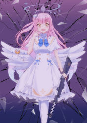 Rule 34 | 1girl, :d, absurdres, blue archive, blunt bangs, capelet, commentary request, empty eyes, feathered wings, gun, hair bun, halo, highres, holding, holding gun, holding weapon, laughing, long hair, looking at viewer, mika (blue archive), one side up, open mouth, pantyhose, pink hair, school uniform, short sleeves, sidelocks, simple background, single side bun, smile, solo, turtleneck, weapon, white pantyhose, white wings, wings, yasutarou, yellow eyes