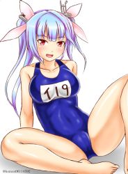 Rule 34 | 1girl, bare legs, barefoot, blue hair, blue one-piece swimsuit, breasts, covered navel, fang, flower-shaped pupils, hair between eyes, hair ribbon, i-19 (kancolle), kantai collection, kudou (ooabareteng), large breasts, long hair, looking at viewer, name tag, one-piece swimsuit, open mouth, red eyes, ribbon, school swimsuit, shadow, simple background, sitting, smile, solo, swimsuit, symbol-shaped pupils, tri tails, twitter username, white background