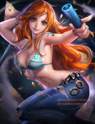 Rule 34 | 1girl, arm behind head, armpits, bikini, bikini top only, breasts, chromatic aberration, cleavage, coin, dark background, denim, deviantart username, female focus, gold, gradient background, jeans, large breasts, lips, long hair, looking at viewer, map, matching hair/eyes, midriff, nami (one piece), navel, one piece, orange eyes, orange hair, pants, pointing, realistic, sakimichan, skindentation, smile, solo, stomach, swimsuit, tattoo, torn clothes, torn jeans, torn pants, underboob, watermark, web address