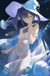 Rule 34 | 1girl, absurdres, arm at side, black background, black hair, blue background, blue eyes, blue theme, breasts, cape, cleavage, closed mouth, covered navel, darr1o, floating, genshin impact, gold trim, hair between eyes, hand up, hat, highleg, highleg leotard, highres, jellyfish, leotard, light particles, long hair, looking at viewer, mona (genshin impact), pantyhose, see-through, see-through leotard, small breasts, solo, star (symbol), star sticker, thighs, twintails, two-tone background, white cape, white pantyhose, witch hat