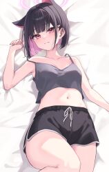 Rule 34 | 1girl, animal ears, asashin (asn), bed sheet, black hair, black shorts, blue archive, blush, breasts, camisole, cat ears, closed mouth, collarbone, commentary request, dolphin shorts, extra ears, grey camisole, hair ornament, hairclip, halo, highres, kazusa (blue archive), lying, multicolored hair, navel, on back, pink hair, pink halo, red eyes, short hair, shorts, small breasts, solo
