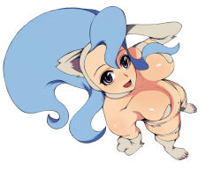 Rule 34 | 1girl, animal ears, animal hands, bad id, bad pixiv id, big hair, blue eyes, blue hair, breasts, capcom, cat ears, cat tail, felicia (vampire), from above, fur, long hair, matching hair/eyes, navel, open mouth, reiken, solo, tail, vampire (game)