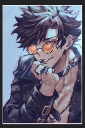 Rule 34 | 1boy, absurdres, alternate costume, artist name, belial (granblue fantasy), bishounen, black nails, blue background, buckle, chain, commentary, earrings, glasses, granblue fantasy, grin, hand on own face, highres, jacket, jewelry, leather, leather jacket, looking at viewer, male focus, messy hair, multiple earrings, multiple rings, necklace, opaque glasses, open clothes, open jacket, parted bangs, punk, red eyes, ring, round eyewear, sakuraba taku, signature, smile, spiked hair, topless male, twitter username