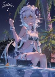 Rule 34 | 1girl, absurdres, ahoge, areaaaron, arknights, bare shoulders, black flower, breasts, casual one-piece swimsuit, character name, crocodilian tail, flower, hair flower, hair ornament, highres, long hair, looking away, looking to the side, night, night sky, official alternate costume, one-piece swimsuit, orange eyes, outdoors, palm tree, parted lips, pointy ears, rubber duck, silver hair, sky, small breasts, soaking feet, solo, swimsuit, tail, tomimi (arknights), tomimi (silent night) (arknights), tree, very long hair, water, white flower, white one-piece swimsuit, wrist cuffs
